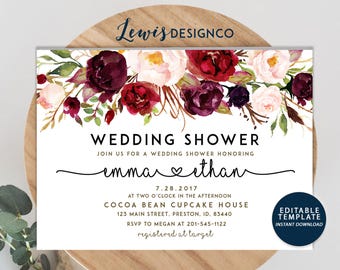 Wedding Shower Invitation, Fall Floral Bridal Shower Card, Couples Shower Invite, Editable Card Printable Instant Download Wedding Invite