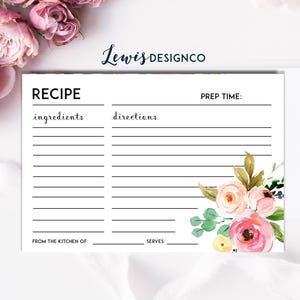 Printable File Floral Recipe Cards, Bridal Shower Invitation Insert, pdf jpg INSTANT DOWNLOAD DIY, Bride Invite, Watercolor Flower, spring