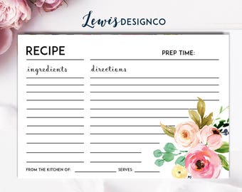 Pode incluir: Um cartão de receita imprimível com um design floral. O cartão tem seções para ingredientes, instruções, tempo de preparação, da cozinha de, e serve.