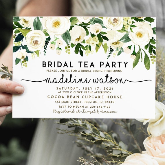 Watercolor Green Bridal Tea Party Invite, Green Bridal Shower Invitation, White Floral Wedding, Editable Printable Card, Instant Download
