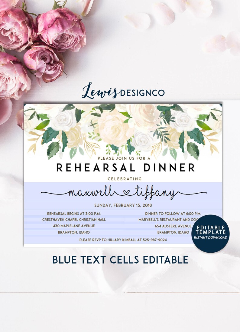 Watercolor Floral Rehearsal Dinner Invitation, Party Invite, Wedding Card, Wedding Dinner, Instant Download Editable Printable pdf jpeg image 2