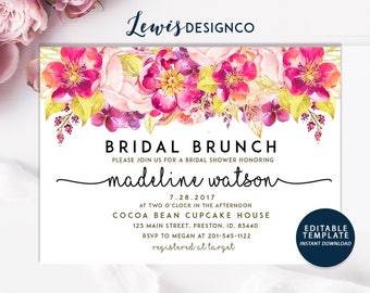 Bridal Brunch Invitation,  Bridal Shower Invite, DIY INSTANT DOWNLOAD, Bridal Shower Card, Watercolor Floral Invite, Printable Editable pdf