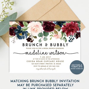 May include: A printable bridal brunch invitation with a floral design in shades of burgundy, pink, and blue. The text reads "Brunch & Bubbly" and "madeline watson". The invitation includes the date, time, location, and RSVP information.  The text "Editable Template Instant Download" is also included.