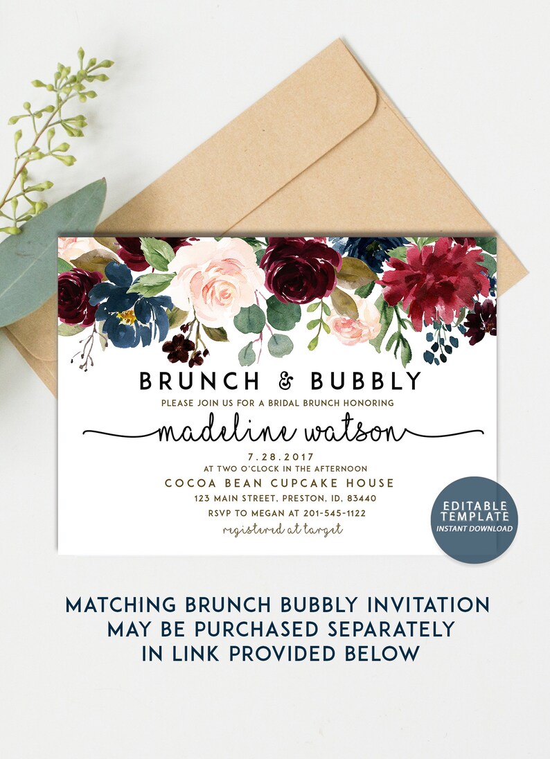 May include: A printable bridal brunch invitation with a floral design in shades of burgundy, pink, and blue. The text reads "Brunch & Bubbly" and "madeline watson". The invitation includes the date, time, location, and RSVP information.  The text "Editable Template Instant Download" is also included.