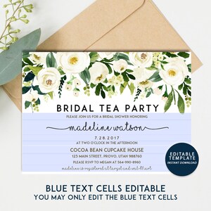 May include: A white floral bridal shower invitation with blue and white striped background. The invitation reads "Bridal Tea Party" and includes the date, time, location, and RSVP information. The text "Editable Template Instant Download" is in a blue box in the upper right corner. The text "Blue Text Cells Editable You May Only Edit The Blue Text Cells" is at the bottom of the invitation.