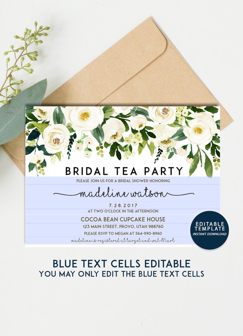 May include: A white floral bridal shower invitation with blue and white striped background. The invitation reads "Bridal Tea Party" and includes the date, time, location, and RSVP information. The text "Editable Template Instant Download" is in a blue box in the upper right corner. The text "Blue Text Cells Editable You May Only Edit The Blue Text Cells" is at the bottom of the invitation.
