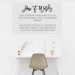 May include: White background with black text explaining how to use a digital template. The text reads "How it Works" and explains that once a template is purchased, the buyer will receive an email with a link to the editable template. The text also explains that the PDF file can be downloaded as 1 per page or more than 1 per page and then printed at home or at a favorite print shop.