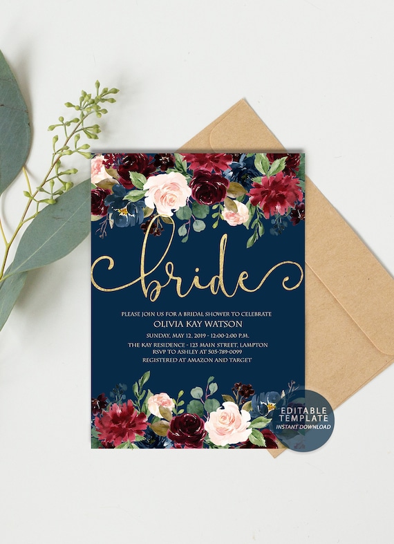 Fall Bridal Shower Invitation, Floral Burgundy Navy Gold Invitation, Bridal Shower Invite, Editable Template, Instant Download Printable diy