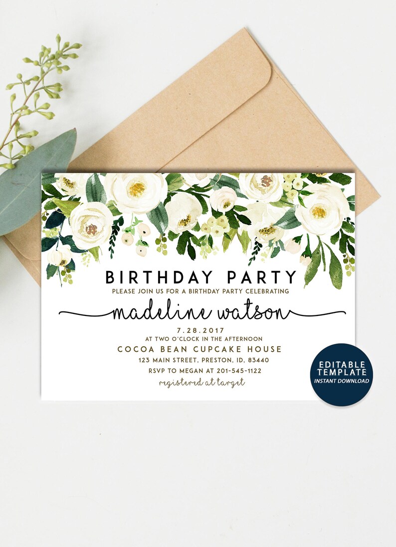 Green Floral Birthday Party Invitation Greenery Watercolor Etsy Singapore