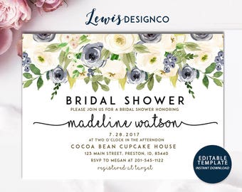 Bridal Shower Invitation, Watercolor Floral Wedding Card, White Navy Floral Shower, Editable Template Printable Card,  Instant Download DIY