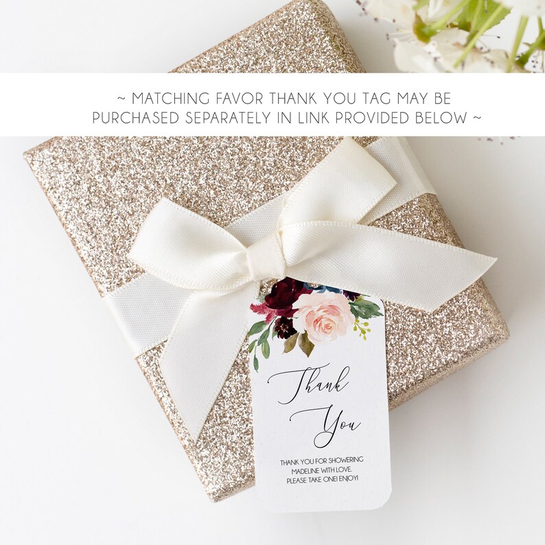 May include: A gold glitter gift box with a white satin ribbon and a thank you tag with a floral design and the text "Thank You" and "Thank you for showering Madeline with love. Please take one! Enjoy."