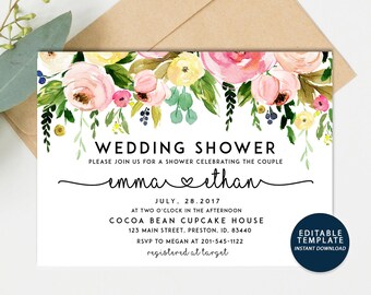 Summer Wedding Shower Invitation, Floral Bridal Shower Card, Couples Shower Invite, Editable Card Printable Instant Download Wedding Invite