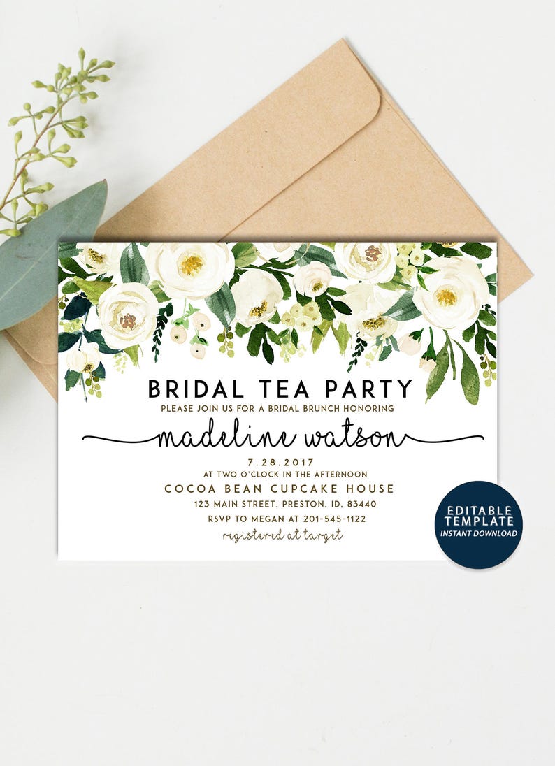 May include: Bridal tea party invitation with white flowers and green leaves. The invitation is for Madeline Watson and is for July 28, 2017 at 2:00 PM at Cocoa Bean Cupcake House, 123 Main Street, Preston, ID 83440. RSVP to Megan at 201-545-1122.  Registered at Target.