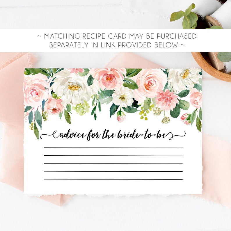 May include: A white card with a floral border of pink and white flowers. The card has the text "Advice for the bride-to-be" and lined space for writing.