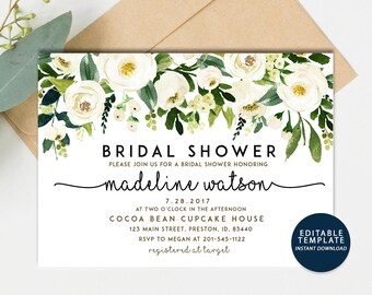 Green Watercolor Bridal Shower Invitation, White Floral Green Bridal Invite Shower Card Instant Download DIY Greenery Editable Card Spring