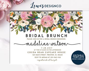 Bridal Brunch Invitation, Floral Bridal Shower Invite, DIY INSTANT DOWNLOAD, Shower Card, Watercolor Floral Invite, Printable Editable pdf