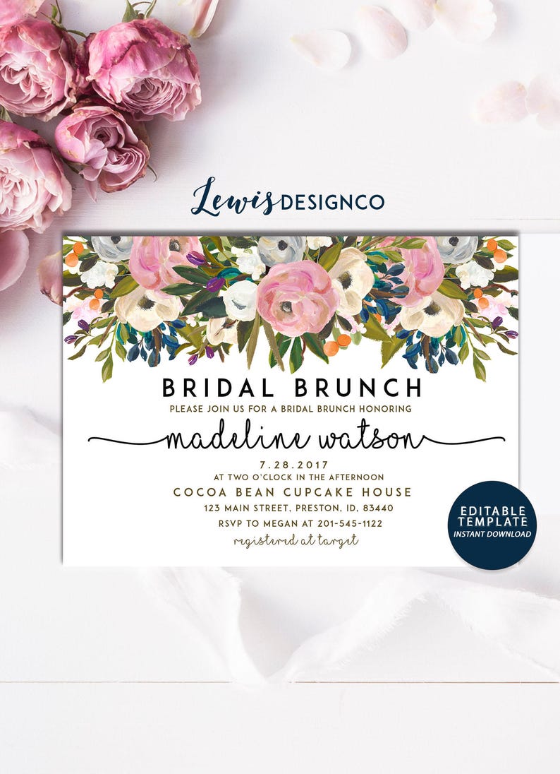 Bridal Brunch Invitation, Floral Bridal Shower Invite, DIY INSTANT DOWNLOAD, Shower Card, Watercolor Floral Invite, Printable Editable pdf image 1