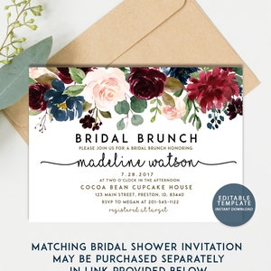 May include: A printable bridal brunch invitation with a floral design in shades of burgundy, pink, and blue. The text reads "Bridal Brunch" and "madeline watson". The invitation includes the date, time, location, and RSVP information.  The text "Editable Template Instant Download" is also included.