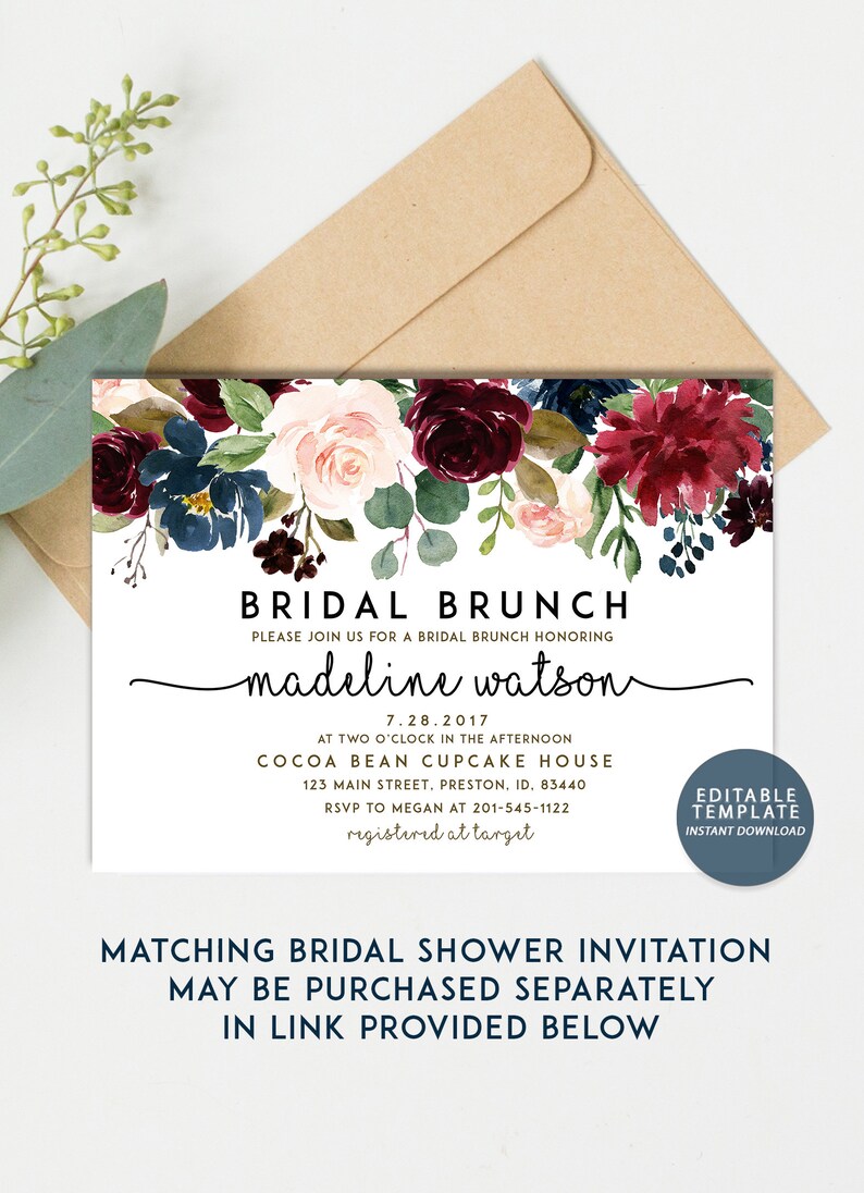 May include: A printable bridal brunch invitation with a floral design in shades of burgundy, pink, and blue. The text reads "Bridal Brunch" and "madeline watson". The invitation includes the date, time, location, and RSVP information.  The text "Editable Template Instant Download" is also included.