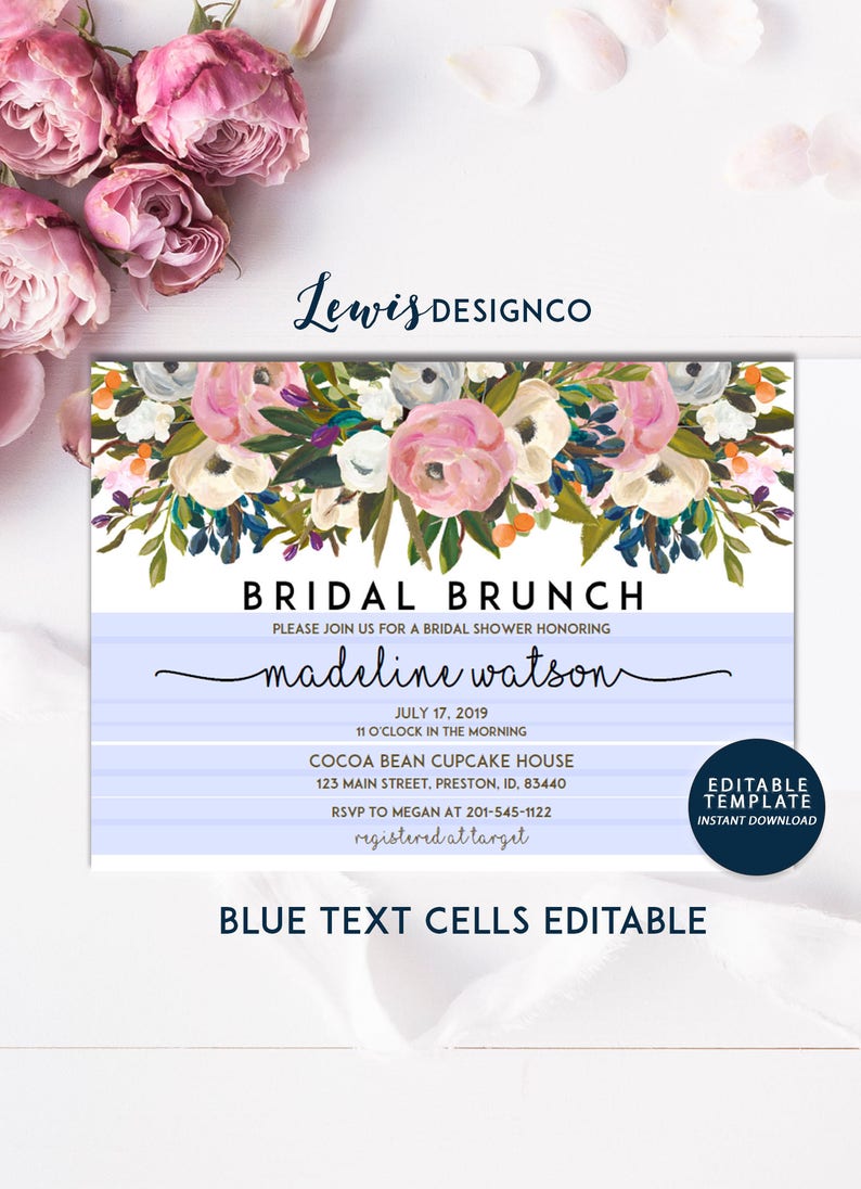Bridal Brunch Invitation, Floral Bridal Shower Invite, DIY INSTANT DOWNLOAD, Shower Card, Watercolor Floral Invite, Printable Editable pdf image 2