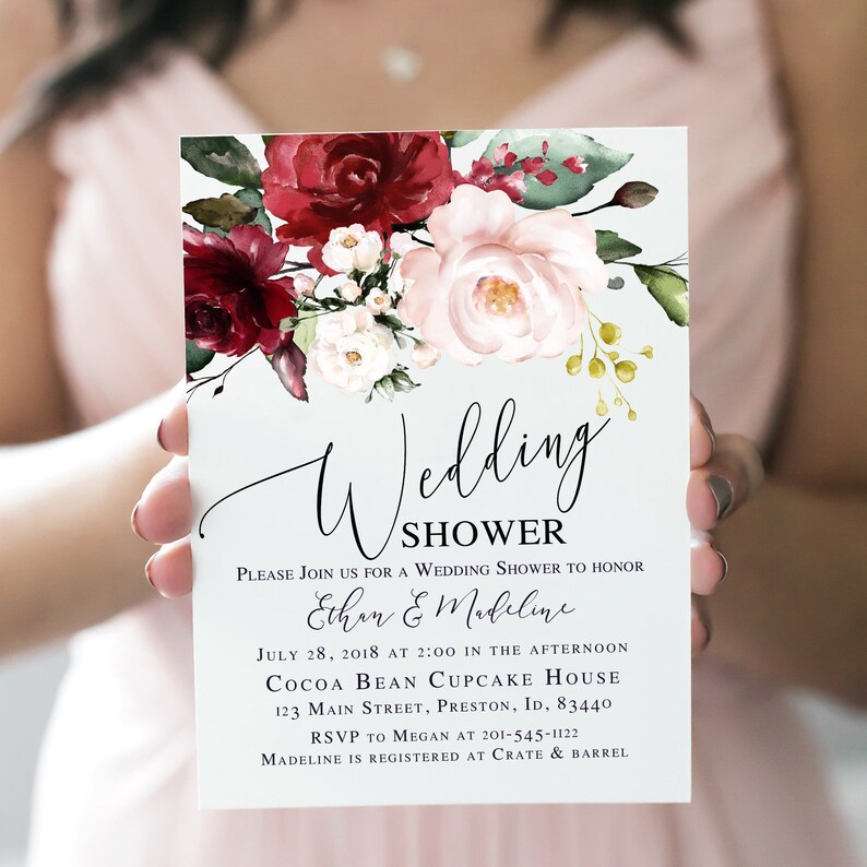 Wedding Shower Invitation Template Burgundy Bride Groom Etsy