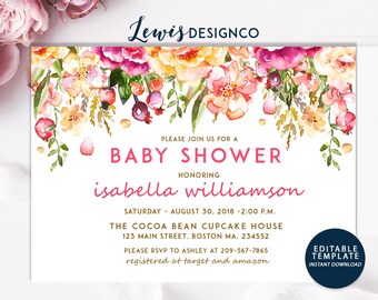 INSTANT DOWNLOAD DIY | Pink Baby Girl Shower Invitation | girl baby shower invite | watercolor floral baby shower | pdf jpg