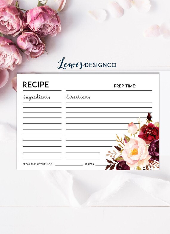 Bridal Shower Recipe Card Insert | Cream Maroon Green | Instant Download Party Game | Winter Floral Bridal Shower Invitation