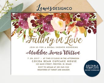 Autumn Bridal Shower Invitation, Instant Download, Watercolor bridal invite, Fall Floral Bridal Shower Card, Falling in Love, Rustic Bridal