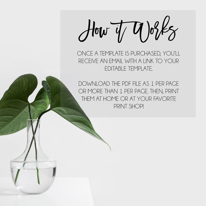 May include: A white background with a text box that says "How it Works". The text box explains how to download and print a purchased template. A green plant in a clear glass vase is in the lower left corner of the image.