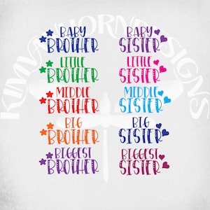 Passende Siblings svg, Bruder und Schwester, Baby, klein, mittel, groß und größte, Cut Files, separate druckbare JPEG's zum Aufbügeln