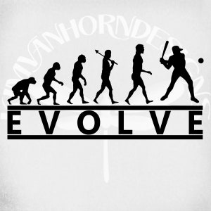 Op de afbeelding: Zwart-wit afbeelding die de evolutie van honkbal weergeeft. De afbeelding toont een progressie van aapachtige figuren naar een honkbalspeler, met het woord "EVOLVE" eronder.