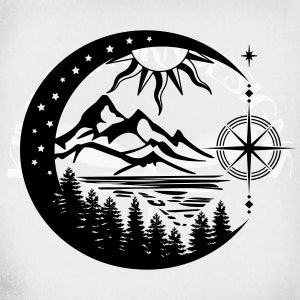 May include: Black and white illustration of a mountain range with a lake, trees, a sun, a crescent moon, and a compass. The design is surrounded by a circle with stars.