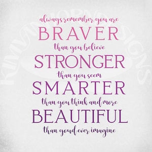 Inspirational Quote svg, Always Remember You Are Braver, Stronger, Smarter, More Beautiful, Cut Files, Mirrored jpeg, Digital Download