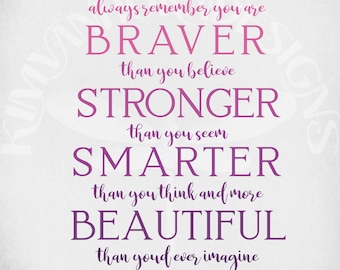 Inspirational Quote svg, Always Remember You Are Braver, Stronger, Smarter, More Beautiful, Cut Files, Mirrored jpeg, Digital Download