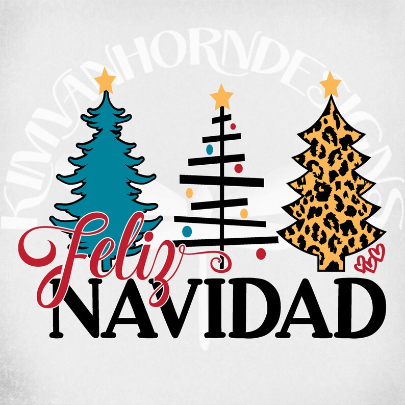May include: A festive Christmas design featuring three stylized Christmas trees. One is teal, one is black with ornaments, and the third has a leopard print pattern. The words "Feliz Navidad" are written in red and black script.