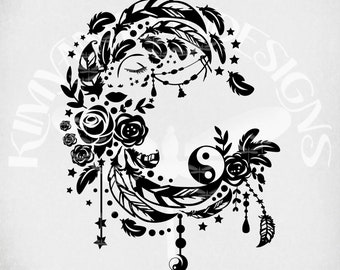 Boho Feather Moon Single Layer svg & dxf Cut Files, Printable png for framing and Mirrored jpeg for Iron On Transfer Paper. Instant Download