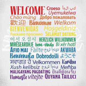 Welcome in 40 Languages (listed in description) svg and dxf Cut Files. Printable png and Mirrored jpeg. Instant Digital Download.