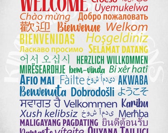Welcome in 40 Languages (listed in description) svg and dxf Cut Files. Printable png and Mirrored jpeg. Instant Digital Download.