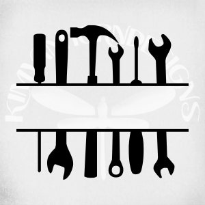 May include: Black and white silhouette of various tools, including a hammer, screwdrivers, and wrenches, hanging on a shelf. The tools are arranged in two rows, with the top row containing a hammer, two screwdrivers, and a wrench, and the bottom row containing a wrench, a screwdriver, and two wrenches.