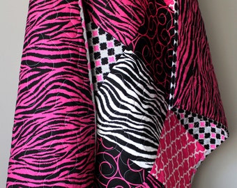 Hot Pink Zebra Print Baby Quilt: Modern Girl Nursery Bedding