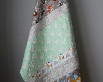 Woodland Baby Quilt: Bear, Fox, Deer - Neutral Nursery Bedding