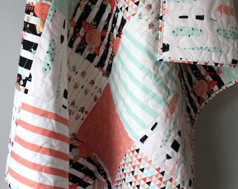 Tribal Nursery Quilt: Mint, Peach, Coral, and Gold Arrow Feather Design