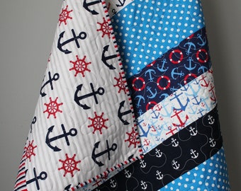 Nautical Baby Quilt: Navy Blue, Red, and White Anchor Crib Bedding
