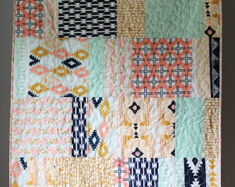 Handmade Tribal Baby Quilt: Peach, Mint, Navy Nursery Bedding