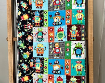 Robot Baby Quilt: Modern Patchwork Crib Bedding, Black White Red