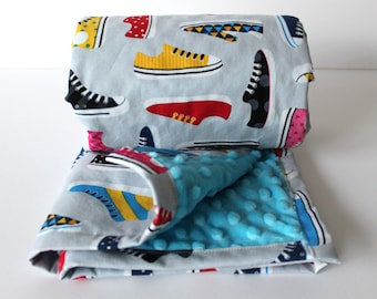 Sneakers Minky Baby Blanket – Turquoise Plush Dot Backing
