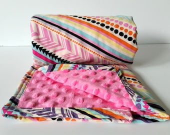 Tribal Stripe Minky Baby Blanket: Pink, Aqua, Orange