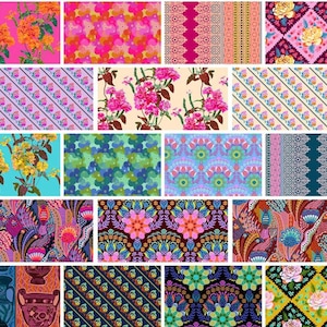 May include: A collection of sixteen rectangular fabric swatches featuring diverse patterns including floral prints, geometric shapes, intricate lace-like designs, and abstract motifs in a vibrant palette of pink, blue, yellow, green, and purple.