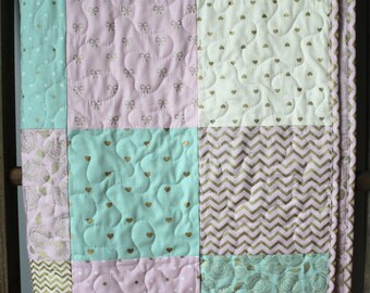 Metallic Gold Baby Quilt: Mint, Pink, and Cream Glam Nursery Decor