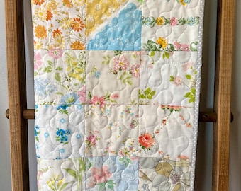 Vintage Floral Baby Quilt: Handmade Patchwork Sheet Fabric